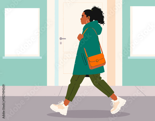 Flat illustration of a woman wearing oversized hoodie, cargo pants, chunky sneakers, crossbody