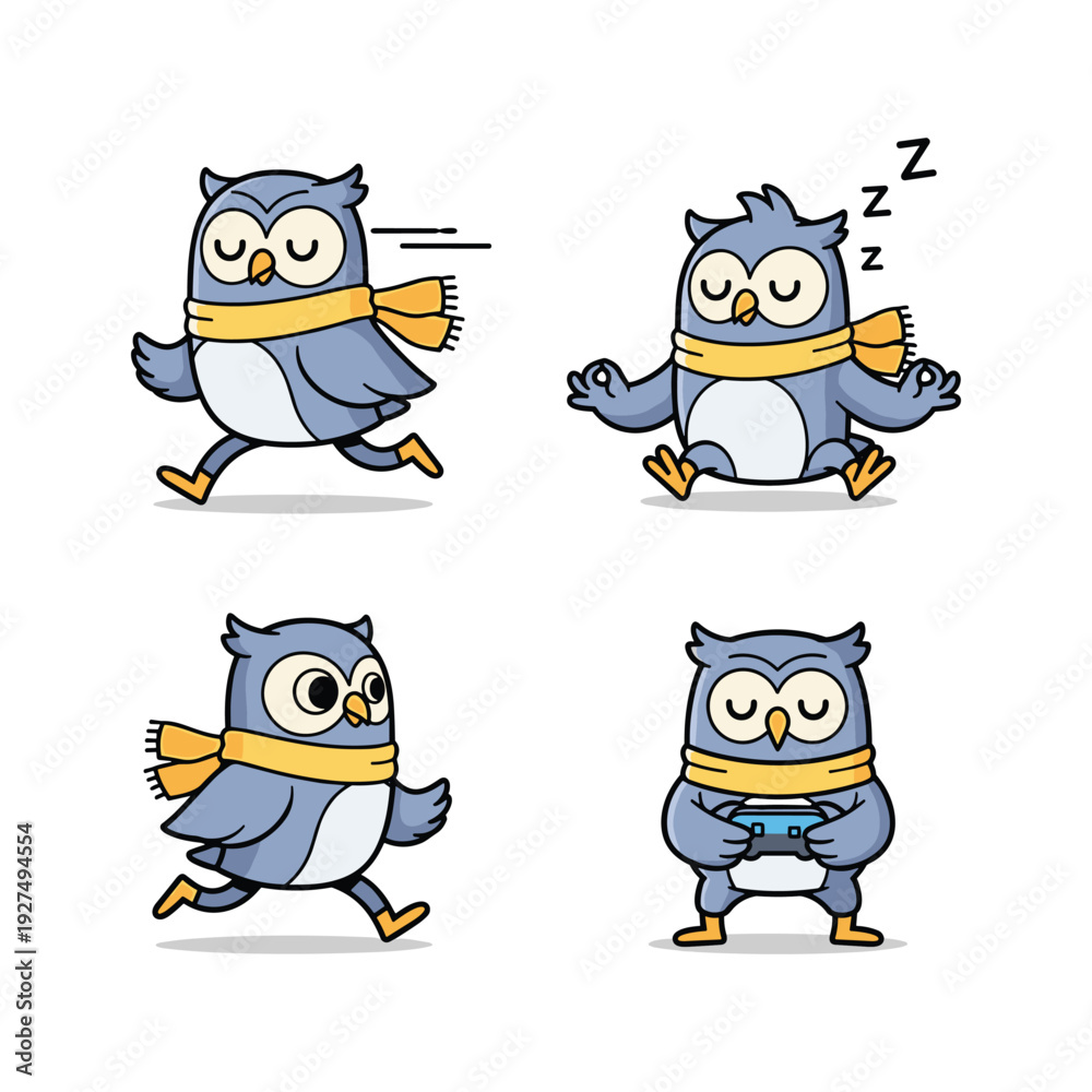 Obraz premium Cartoon owl character set in different poses and actions with scarf