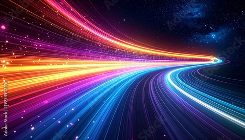 Abstract colorful light trails in outer space with high speed motion blur effect　高速な動きの光のラインが宇宙空間を駆けるダイナミックな抽象背景素材
