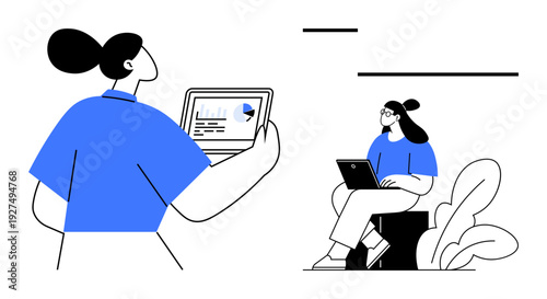 Remote work concept. Remote workers collaborate digitally using laptops and internet-driven platforms. Remote work advances flexibility, professional growth, and digital communication. Ideal