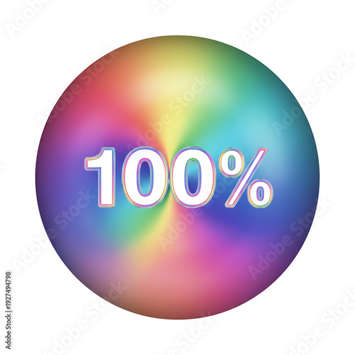 Rainbow colored circle with 100 percent text in the center, symbolizing completeness and perfection, graphic illustration