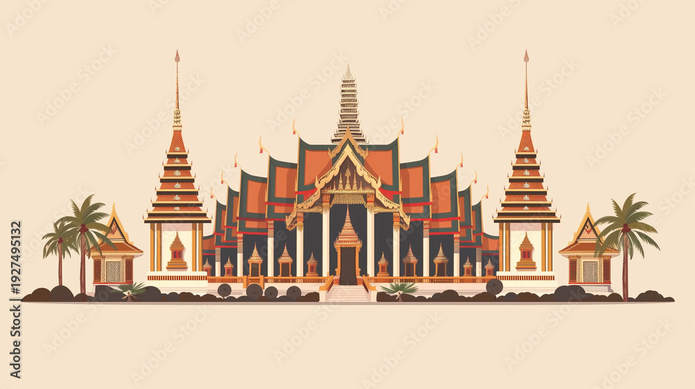 Obraz premium Traditional Thai temple illustration with palm trees and detailed architecture on beige background