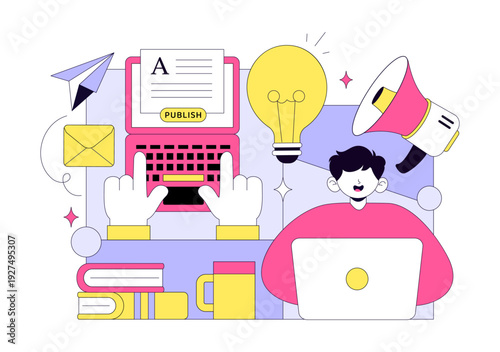 Digital Publishing Vector Illustration Featuring Blog Content Marketing, Online Publish, Creative Writing For Social Media and Webpage Organization