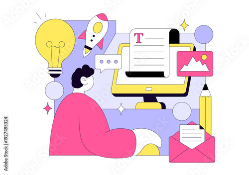 Digital Publishing Vector Illustration Featuring Blog Content Marketing, Online Publish, Creative Writing For Social Media and Webpage Organization