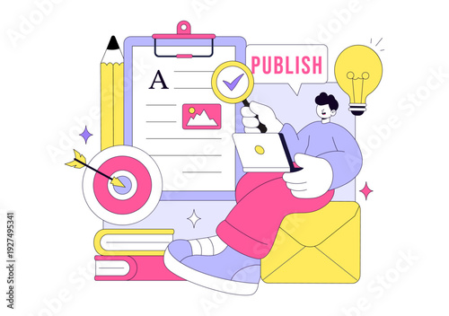 Digital Publishing Vector Illustration Featuring Blog Content Marketing, Online Publish, Creative Writing For Social Media and Webpage Organization