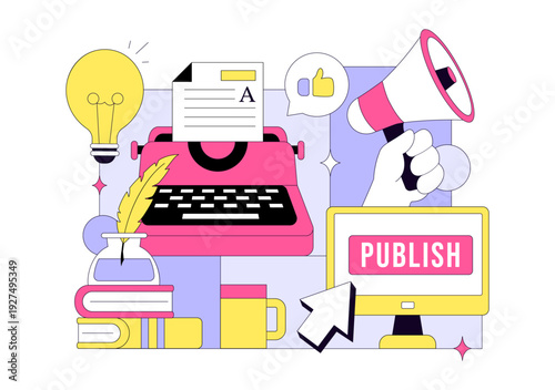 Digital Publishing Vector Illustration Featuring Blog Content Marketing, Online Publish, Creative Writing For Social Media and Webpage Organization