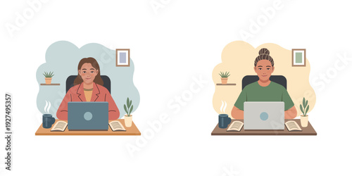 Flat vector illustration of a young woman working on a laptop at her desk, home office concept.