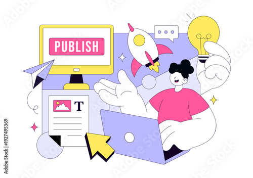 Digital Publishing Vector Illustration Featuring Blog Content Marketing, Online Publish, Creative Writing For Social Media and Webpage Organization