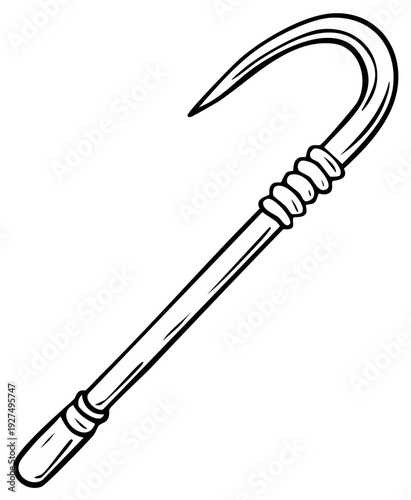 Stylized outline drawing of a curved hook on a long handle, a simple tool or weapon.
