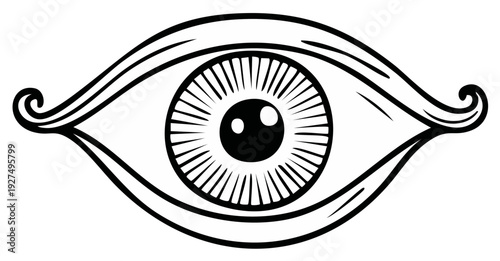 Detailed black and white illustration of an eye, isolated design element.
