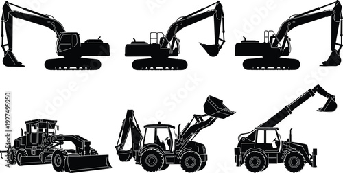 Collection of heavy construction excavator silhouettes featuring hydraulic drilling equipment and earth moving machinery for industrial foundation building site work