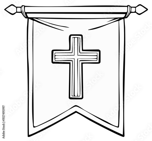 Religious Pennant Banner with Cross Emblem in Black and White Linear Style