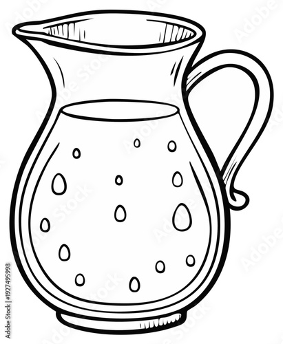Sketch illustration of a clear pitcher with liquid. Simple pitcher clip art with water bubbles, isolated sketch drawing