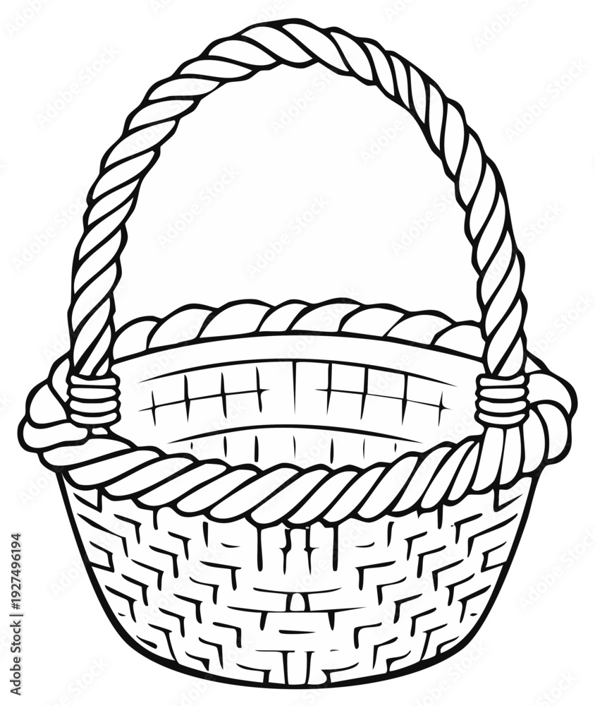 Fototapeta premium Black and white illustration of a woven basket with a rope handle, isolated on white.