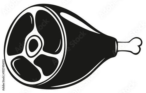 Black and white illustration of cooked ham, butchery design element.