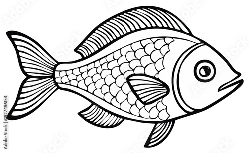 Black and white cartoon illustration of a fish