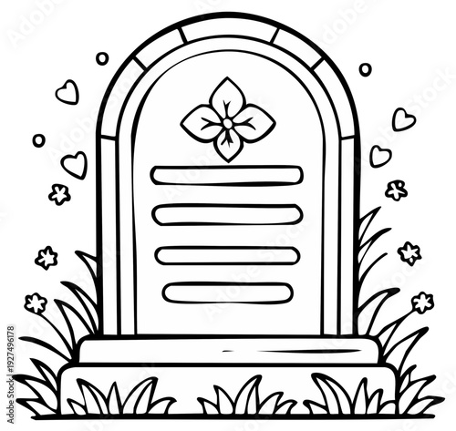 Hand-drawn cartoon tombstone with flowers and hearts, symbol of remembrance and memorial
