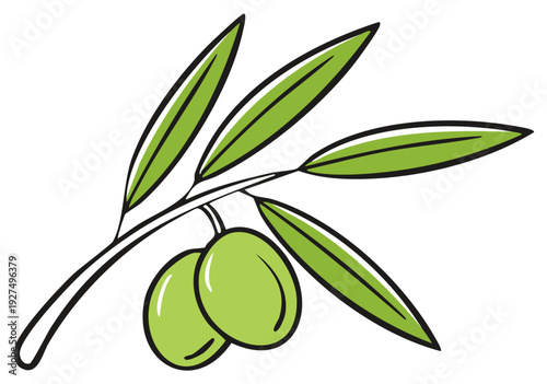 Olive branch with two olives and green leaves in hand-drawn style, olive tree, mediterranean food