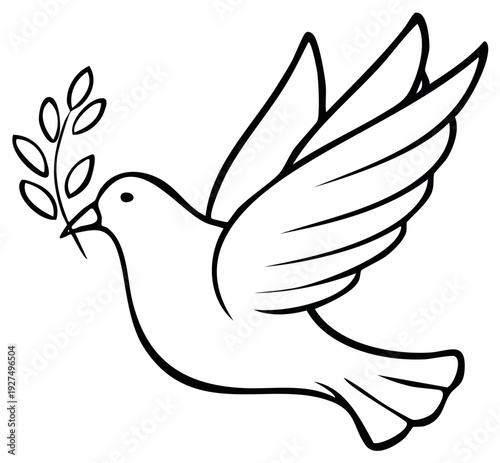 Flying dove carrying olive branch, symbol of peace and hope, outline illustration.