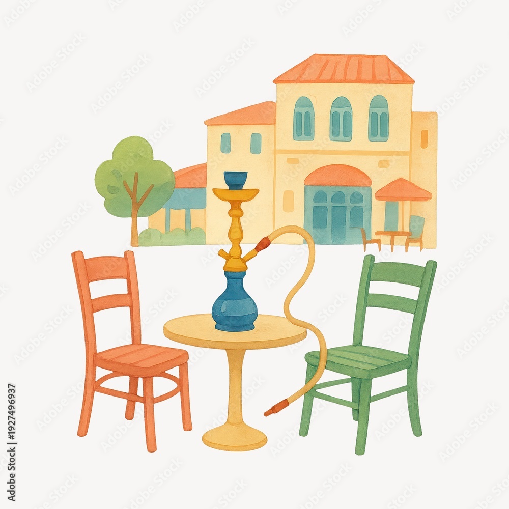 Obraz premium Colorful Mediterranean hookah cafe illustration.