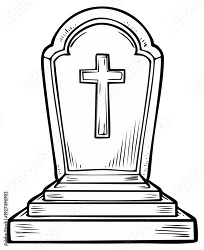 Hand drawn illustration of a headstone with a Christian cross engraving