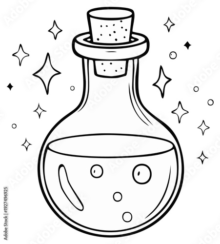 Cartoon drawing of magic potion bottle with stars and bubbles
