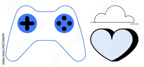 Online gaming, digital entertainment, cloud gaming, video games, technology, leisure activities. A stylized gaming controller next to a cloud-heart graphic. Online gaming and digital entertainment