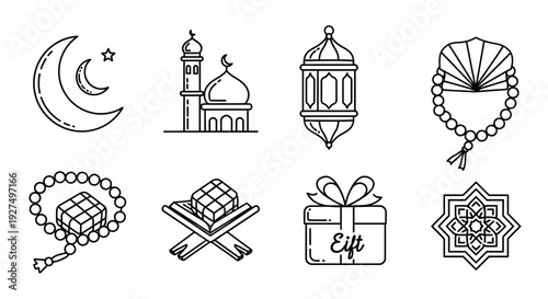 Islamic Symbols Line Art Icons. Featuring mosque, crescent moon, lantern, prayer beads, gifts, and cultural elements for Ramadan and Eid designs
