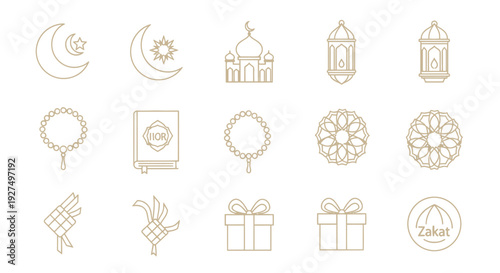 Islamic Icons Set Featuring Ramadan Symbols, Mosque, Lanterns, and Holy Book