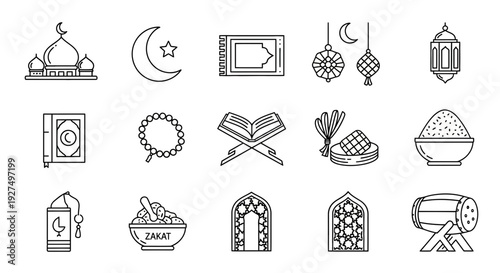 Comprehensive Collection of Modern Line Art Icons Representing Islamic Religious Symbols, Ramadan Traditions, and Eid Mubarak Festival Elements for Design Projects
