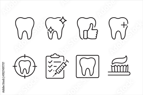 Black line icons depicting dental health treatment and hygiene concepts for medical applications high quality