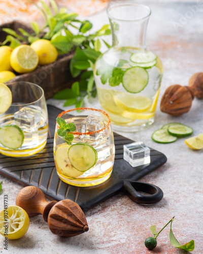 Fotografía Summer lemon cucumber detox water with mint in glass tumblers and single solid t