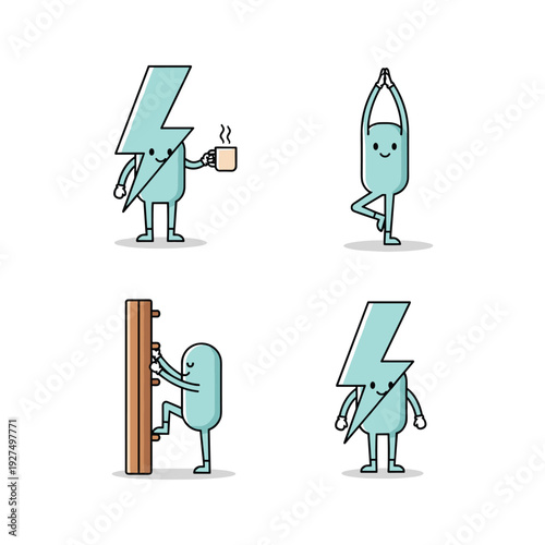 Cartoon lightning bolt characters having coffee and exercising in minimalist style