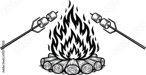Hand Drawn Black and White Campfire Vector Illustration With Marshmallows On Sticks Roasting Over Burning Wood Logs For Outdoor Camping And Adventure Design