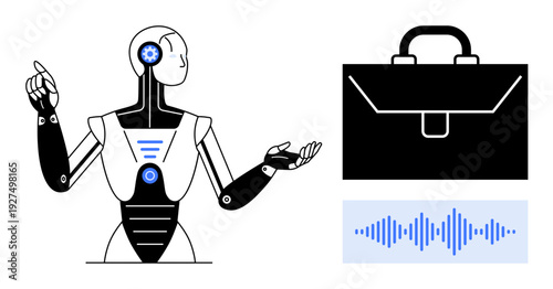 Artificial intelligence, business tools, voice recognition, automation, machine learning, innovation. A robot gestures beside a briefcase and audio waveform. AI advancements and business tools