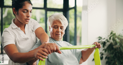 Foto Woman, physiotherapist or senior with resistance band for arm exercise or muscle recovery in clinic