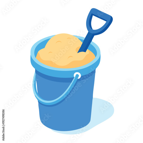 Blue Sand Bucket Filled With Sand and Shovel Isolated on White Background Flat Design
