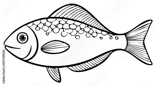 Stylized Fish Illustration with Detailed Scales Outline for Coloring Book Fun and Artistic Creation