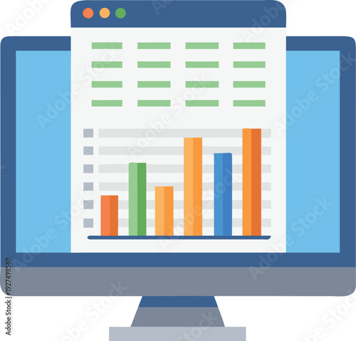 Computer Screen Displays Financial Report with Bar Chart and Data Tables