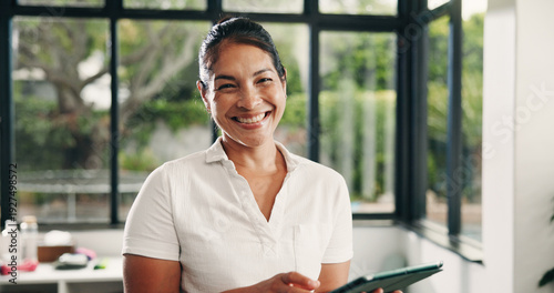 Photos Physiotherapist, portrait or Asian woman in clinic with tablet, about us or experience in rehabilitation services