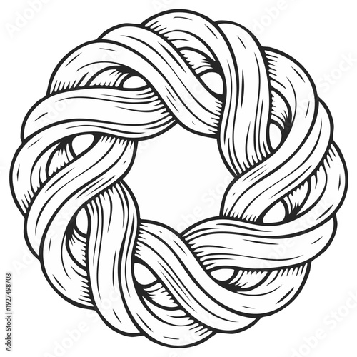 Woven knot vector illustration, interlocking lines form a circular pattern in monochrome