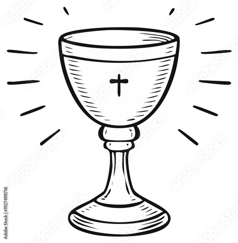 Hand drawn illustration of a glowing Holy Grail chalice with a cross for Christian communion