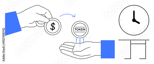 Financial exchange, economic transaction, token systems, time management, resource allocation, business process. Hand holding a dollar coin, token exchange clock in background. Financial exchange