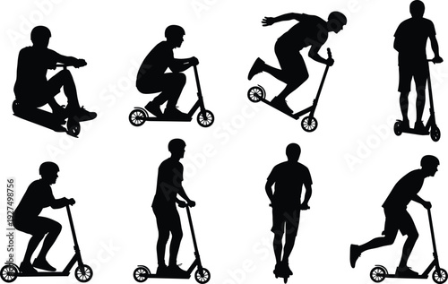 Kick scooter rider silhouettes set, teenage boy performing tricks and commuting poses, urban street sport activity vector illustration collection isolated on white background.