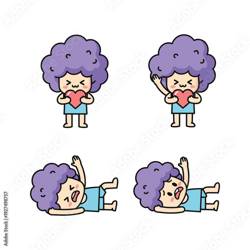 Cartoon character having a heart attack in different poses with shocked expression
