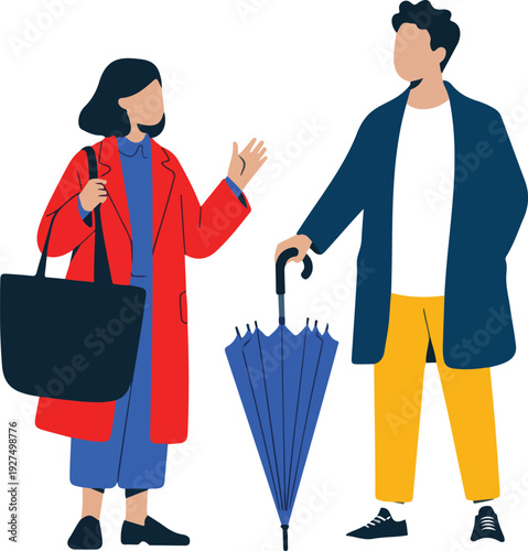 Cute Modern Couple Under Umbrella  Rainy Weather Fashion Flat Vector Illustration
