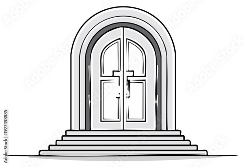 Elegant arched double doors with stone steps, vector illustration for entrance design and architectural concepts