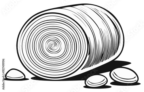 Hay Bale and Stones Black and White Illustration for Agriculture and Farming