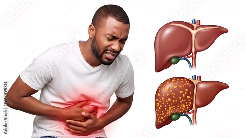 Man Experiencing Abdominal Pain While Illustrating Anatomical Liver