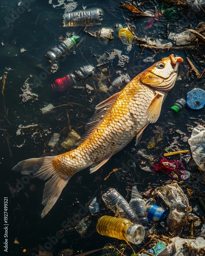 Wallpaper Mural Fish lying on the surface of polluted water surrounded by plastic waste and bottles in a river during daylight Torontodigital.ca